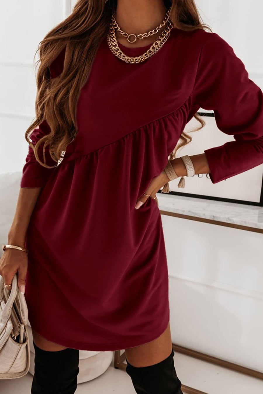 Women's Long Sleeve Fall Winter Casual Mini Dress – Oversized Tunic Style - Gloss & Grit