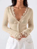 Odette Lace Trim Cropped Knit Cardigan in Apricot, front