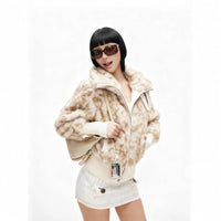 Women’s Beige Faux Fur Short Jacket Stand Collar Zip Front Coat