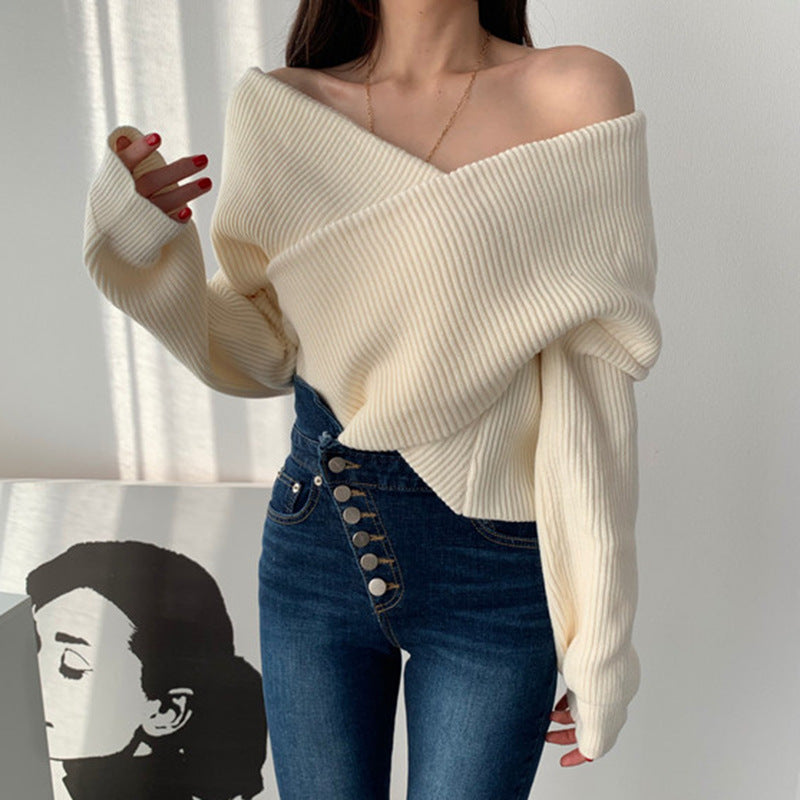 Women’s Off-Shoulder Ribbed Knit Sweater – Loose Fit Going Out Top