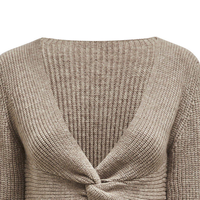 Women’s Fall Twist-Front V-Neck Sweater — Cropped Ribbed Pullover
