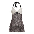 Lennox leopard-print mesh halter mini dress with ivory lace cups, black ribbon ties and a ruffled hem
