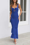 Ruched Mermaid Midi Dress with Square Neck Cutout