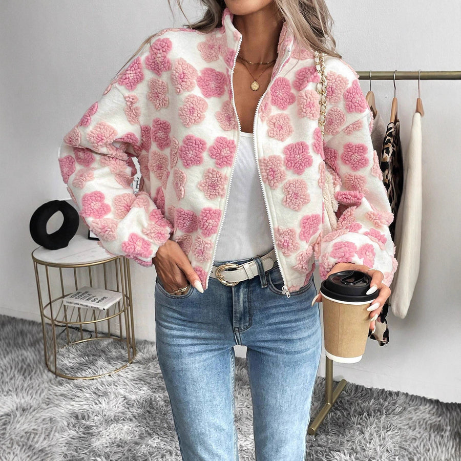 Women Pink & White Faux Fur Zip‑Up Jacket Floral Sherpa Coat