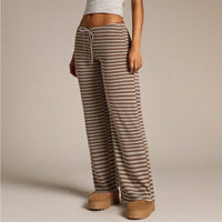 Women’s Khaki Striped Wide Leg Lounge Pants Casual Drawstring Fit