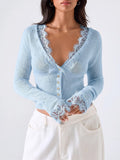 Odette Lace Trim Cropped Knit Cardigan in Blue, front