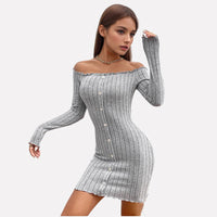Women’s Ribbed Off-Shoulder Button-Front Bodycon Mini Dress — Long Sleeve