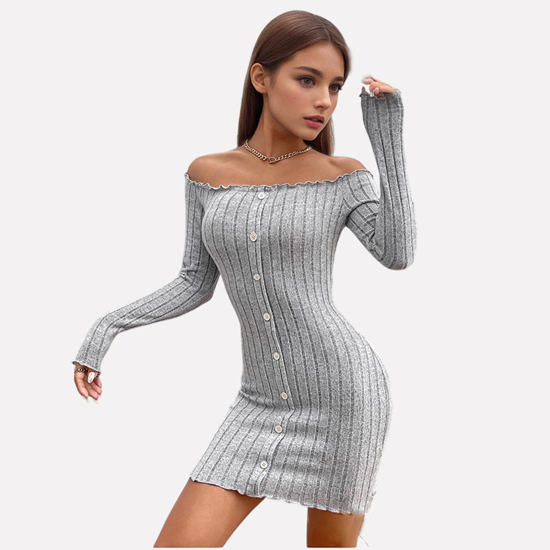 Women’s Ribbed Off-Shoulder Button-Front Bodycon Mini Dress — Long Sleeve