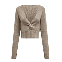 Women’s Fall Twist-Front V-Neck Sweater — Cropped Ribbed Pullover