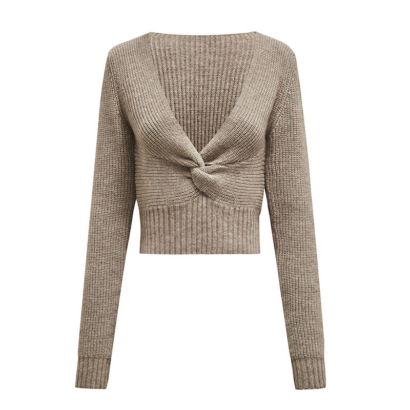 Women’s Fall Twist-Front V-Neck Sweater — Cropped Ribbed Pullover