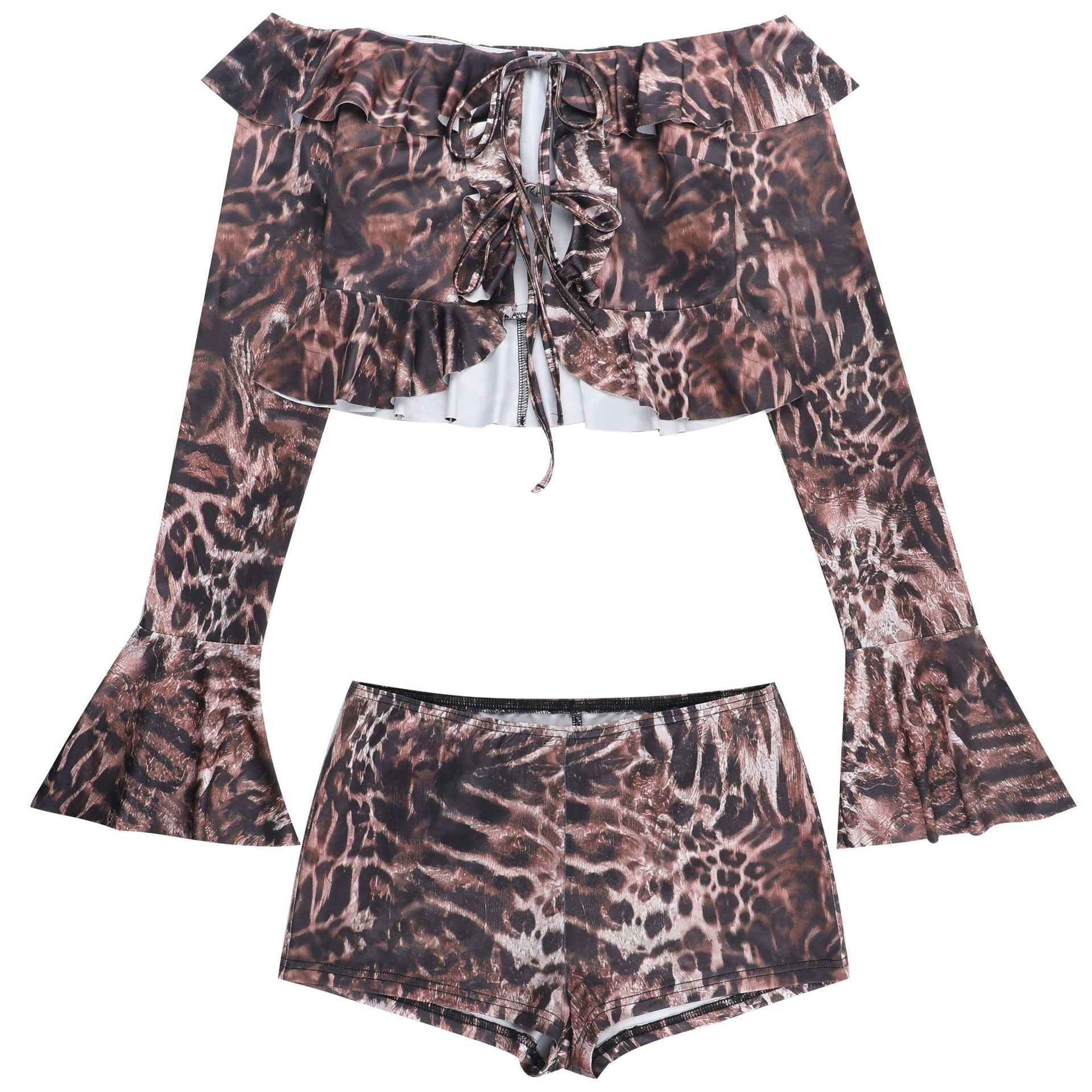 Leopard Off-Shoulder Lace-Up Crop Top & Shorts Set