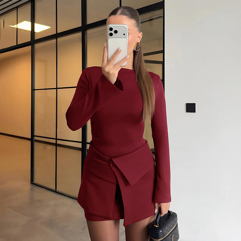Long Sleeve Two Piece Mini Dress Set with Folded Button Skirt - Gloss & Grit