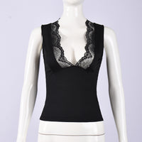 Women’s Black Deep V Neck Lace Trim Sleeveless Fitted Tank Top