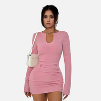 Women’s Pink Long-Sleeve Ruched Bodycon Mini Dress Keyhole Neck