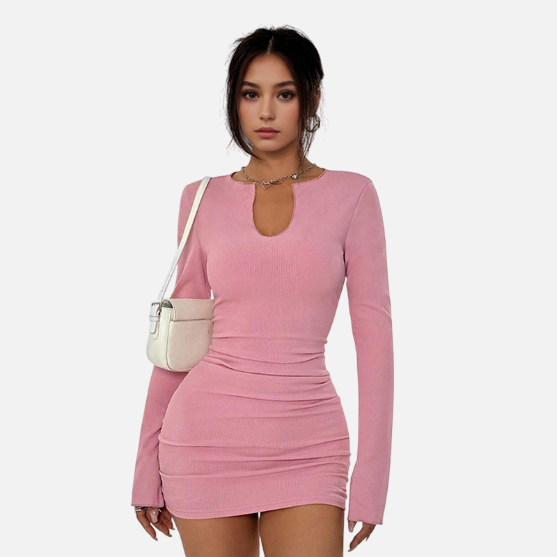 Women’s Pink Long-Sleeve Ruched Bodycon Mini Dress Keyhole Neck