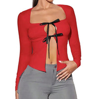 Women's Red Square Neck Bow Tie Lace-Up Long Sleeve Fitted Top - Gloss & Grit
