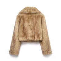 Women’s Faux Fur Collar Cropped Jacket Soft Plush Winter Coat with Flip Collar