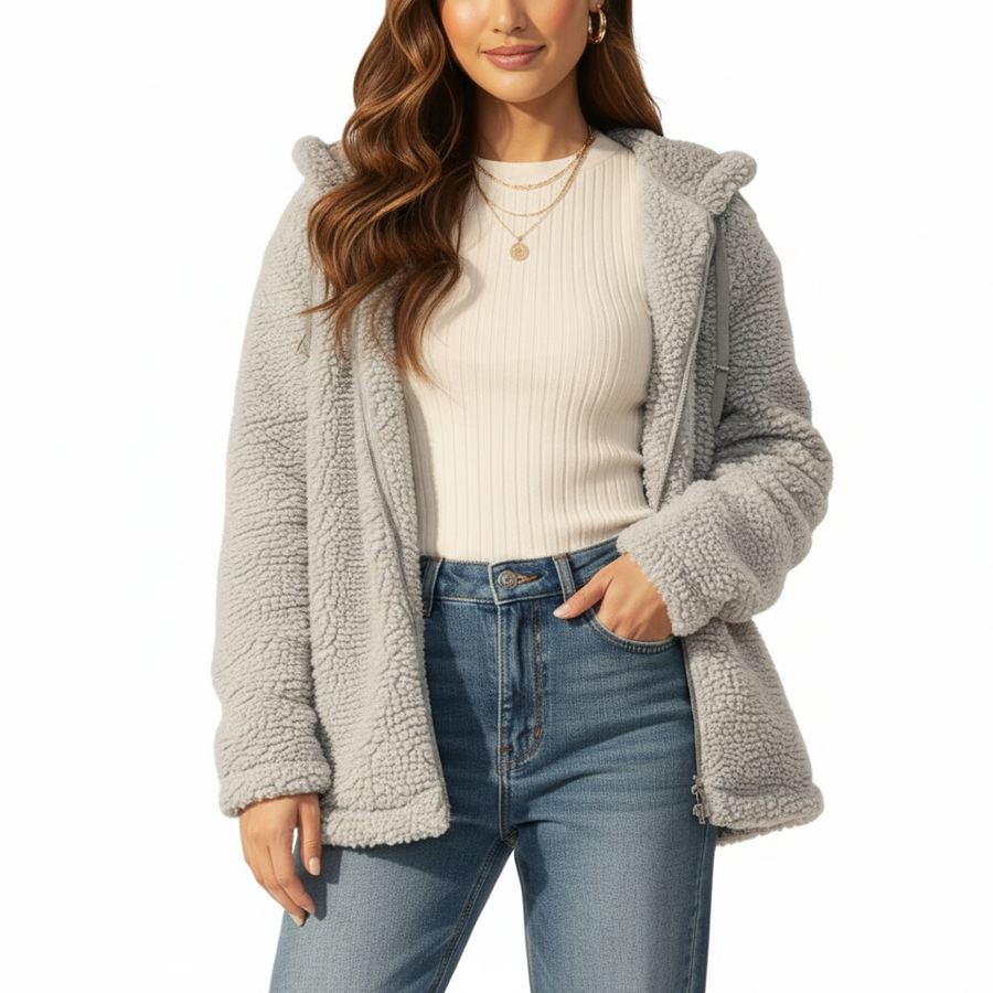 Women’s Sherpa Hooded Jacket — Teddy Zip-Up Fleece Jacket