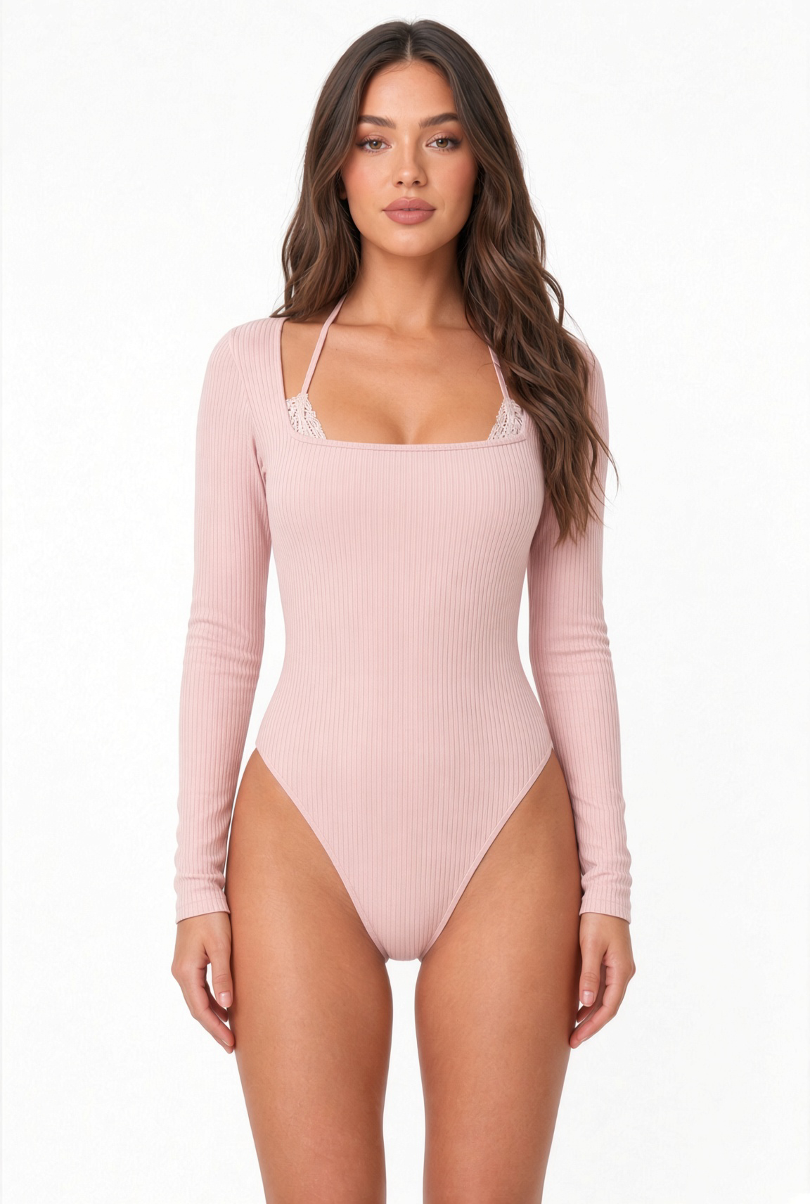 Cielle lace halter bodysuit in pink with long sleeves and square neck, front view