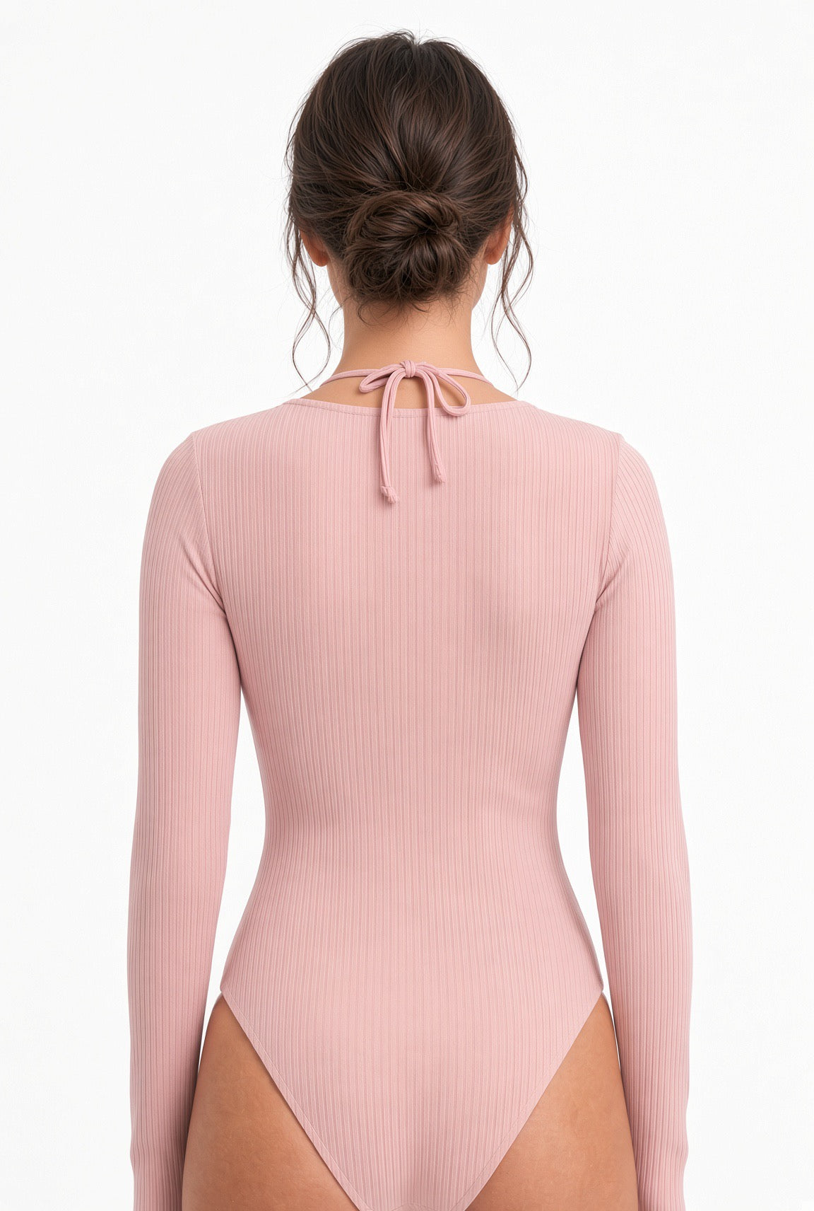 Back view of the pink Cielle bodysuit showing the halter neck tie