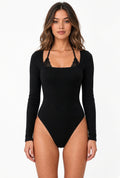 Cielle black long sleeve bodysuit with lace halter layer, front view