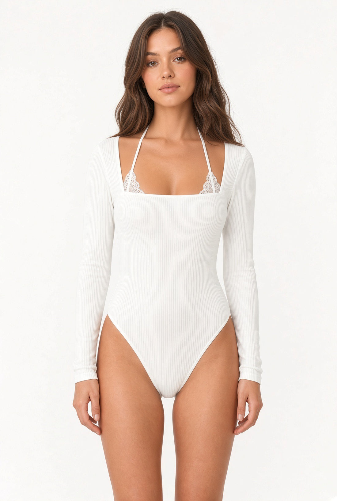 Cielle lace halter bodysuit in pink with long sleeves and square neck, front view