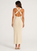 Ivory Ribbed Knit Open Cross-Back Maxi Dress