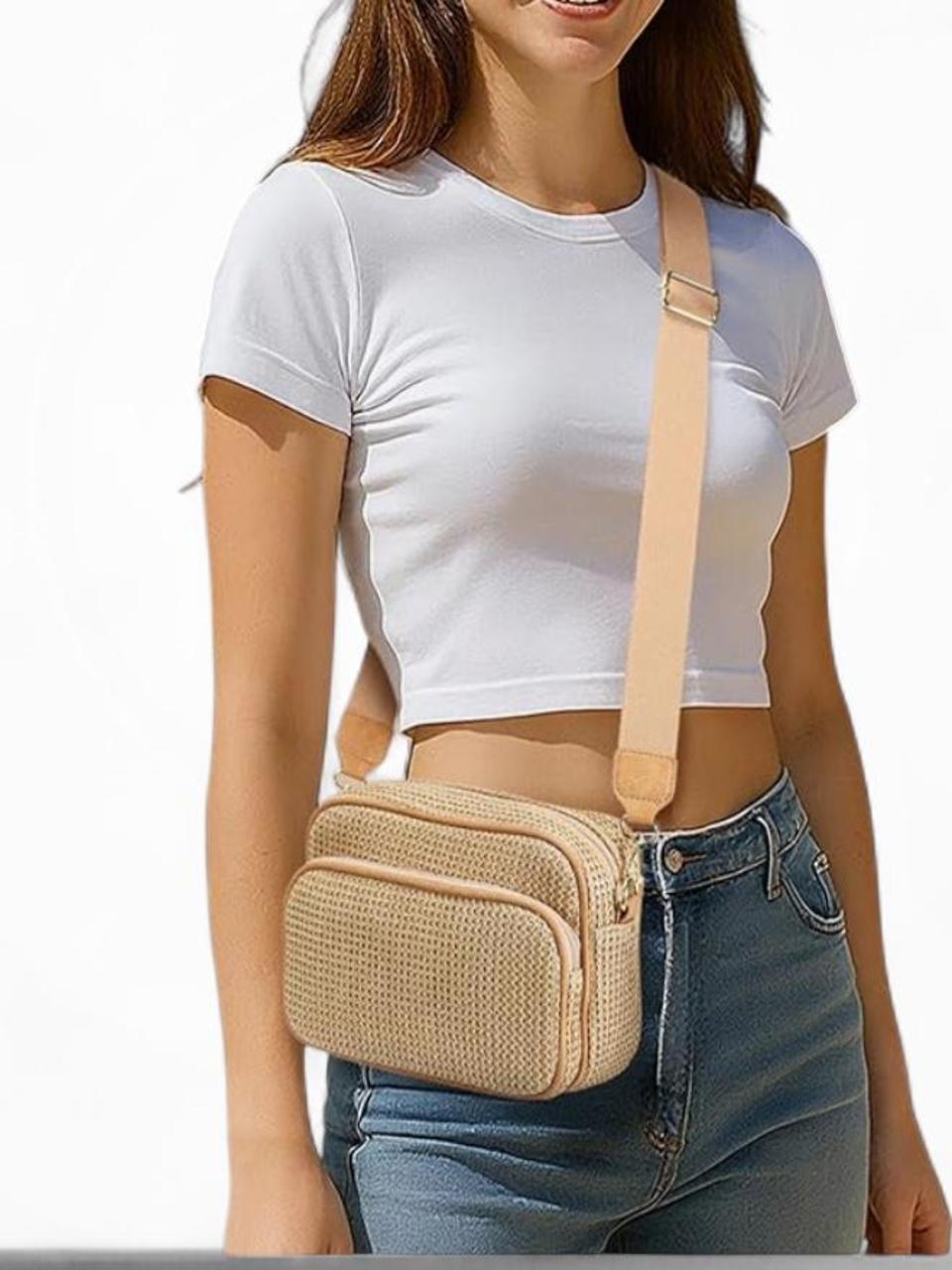 Khaki Woven Crossbody Bag with Adjustable Strap - Gloss & Grit