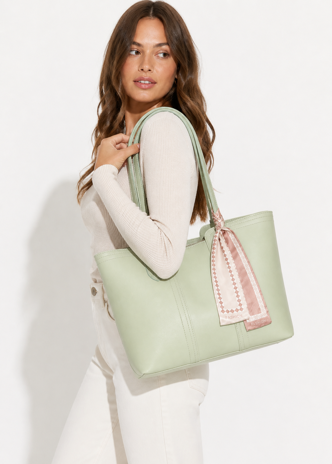 Large Faux Leather Tote Shoulder Bag with Scarf Charm