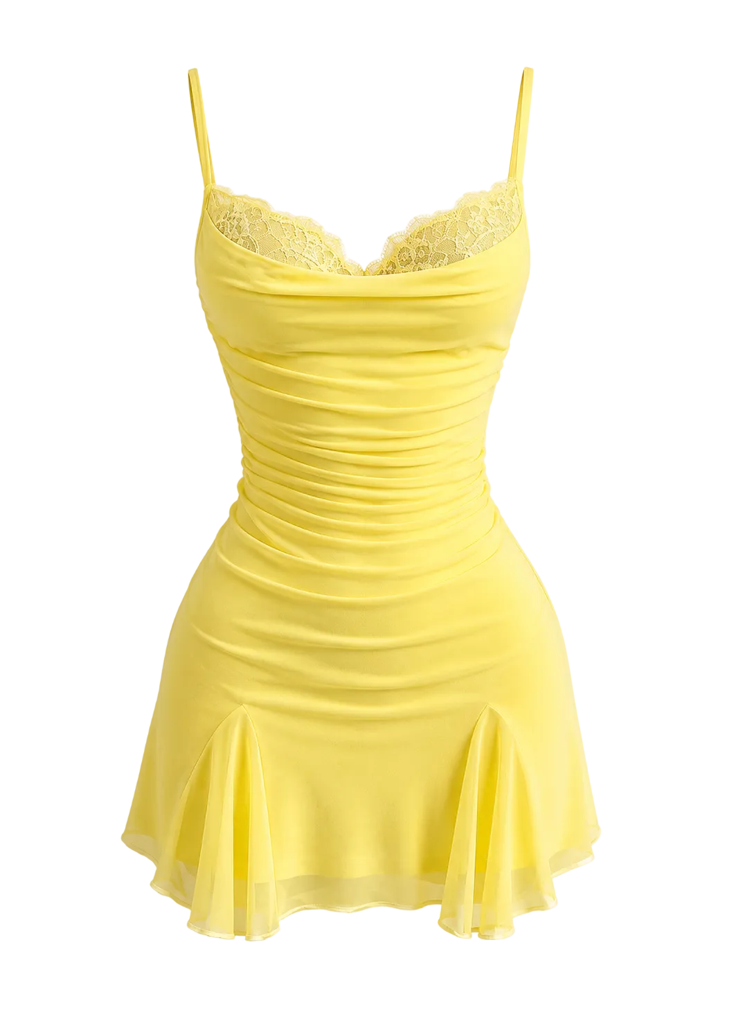 Yellow dress with lace detailing on a white background