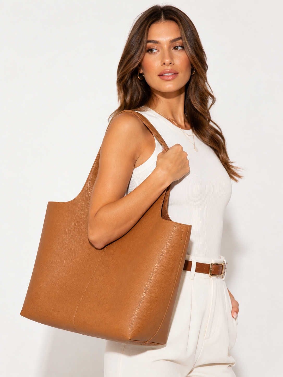 Madison West Elle Tote 2-in-1 Vegan Leather Tan Tote Bag