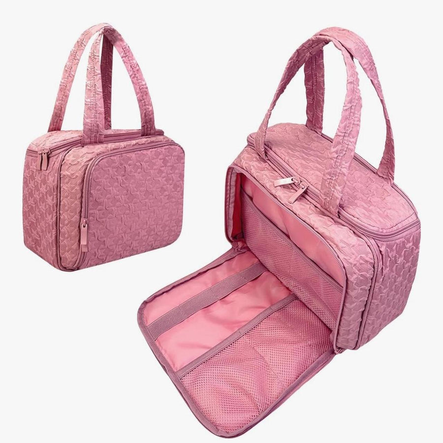 Makeup Travel Organizer Bag – Pink Quilted Toiletry & Brush Storage Case