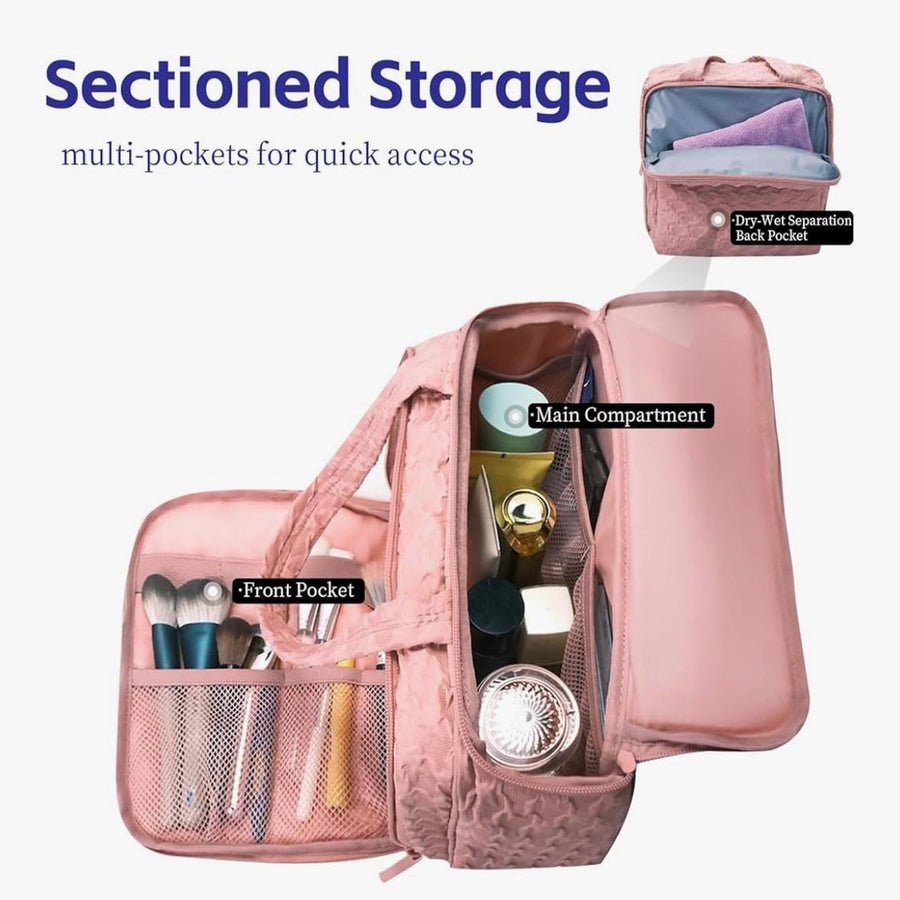 Makeup Travel Organizer Bag – Pink Quilted Toiletry & Brush Storage Case