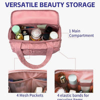 Makeup Travel Organizer Bag – Pink Quilted Toiletry & Brush Storage Case