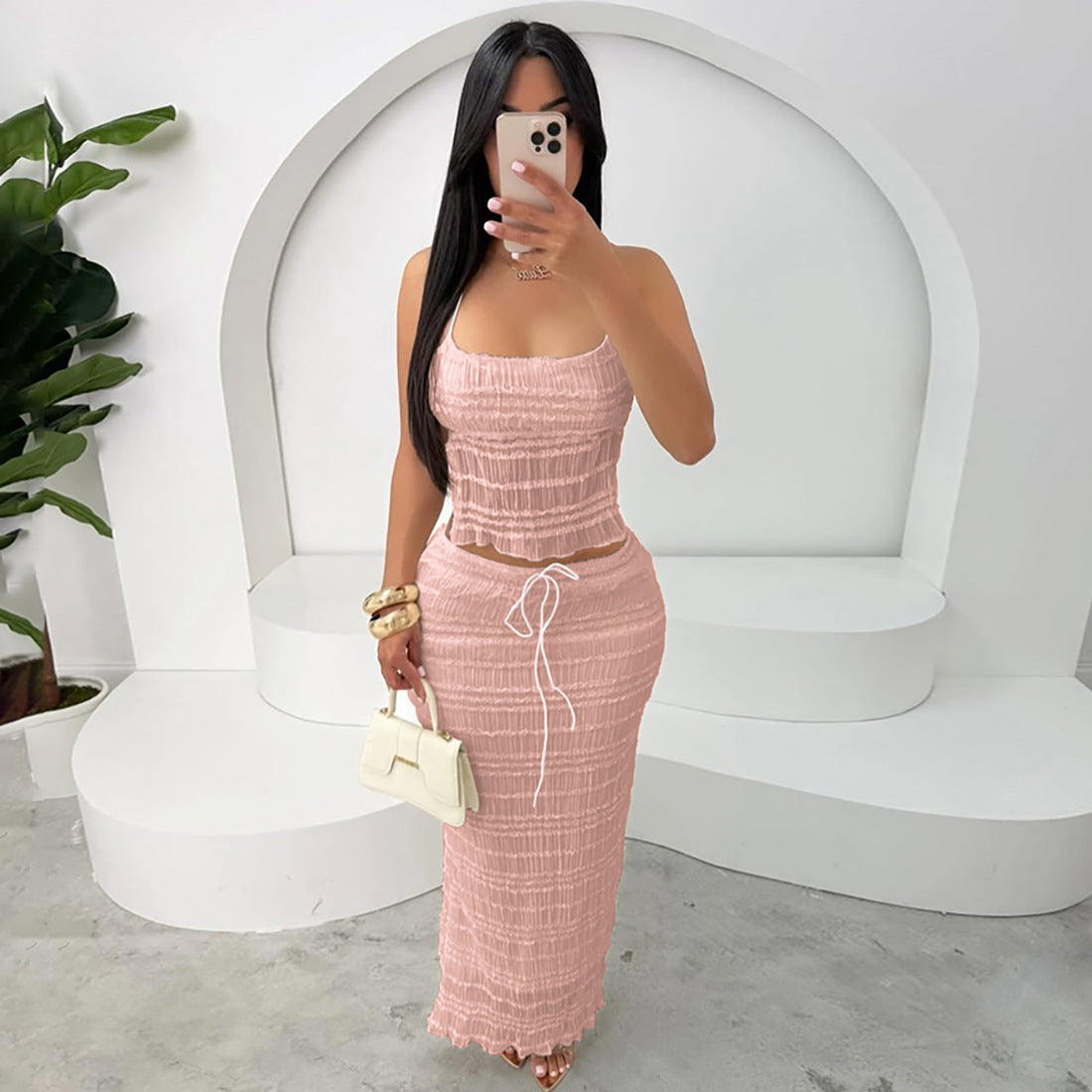 Ruched Halter Top and Maxi Skirt Set - Gloss & Grit