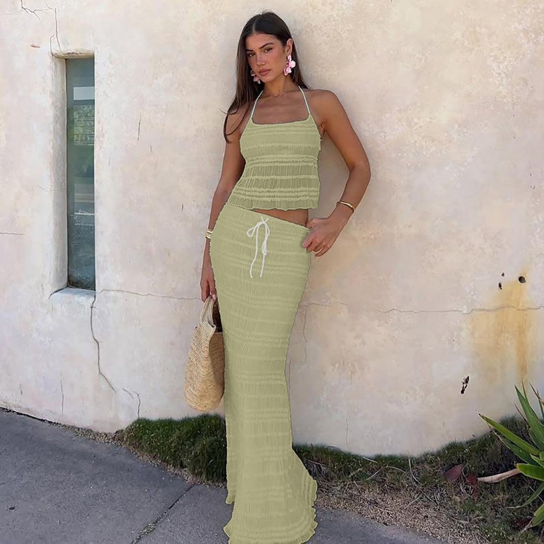 Ruched Halter Top and Maxi Skirt Set - Gloss & Grit