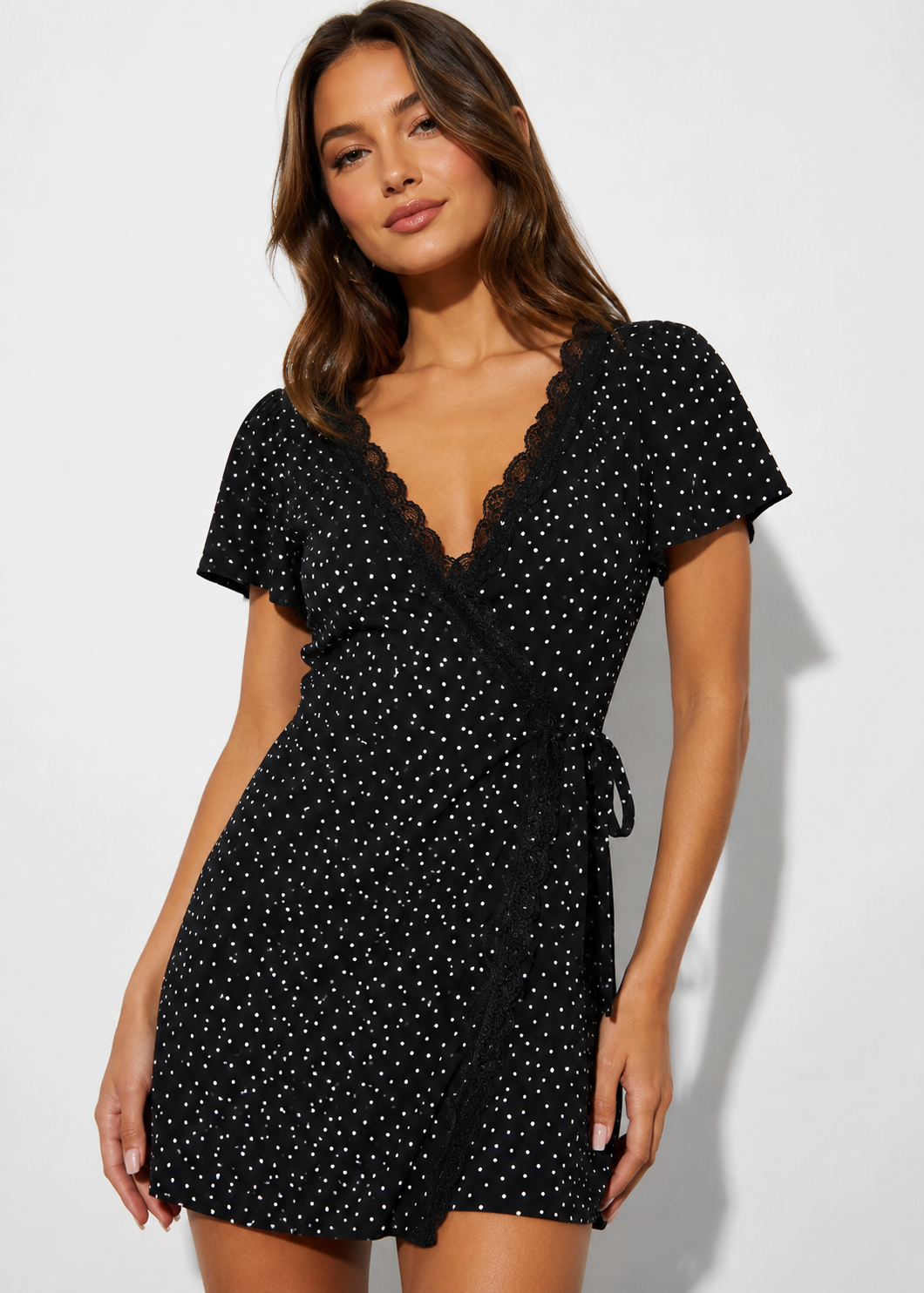 Polka Dot Print Lace Trim Wrap Mini Dress