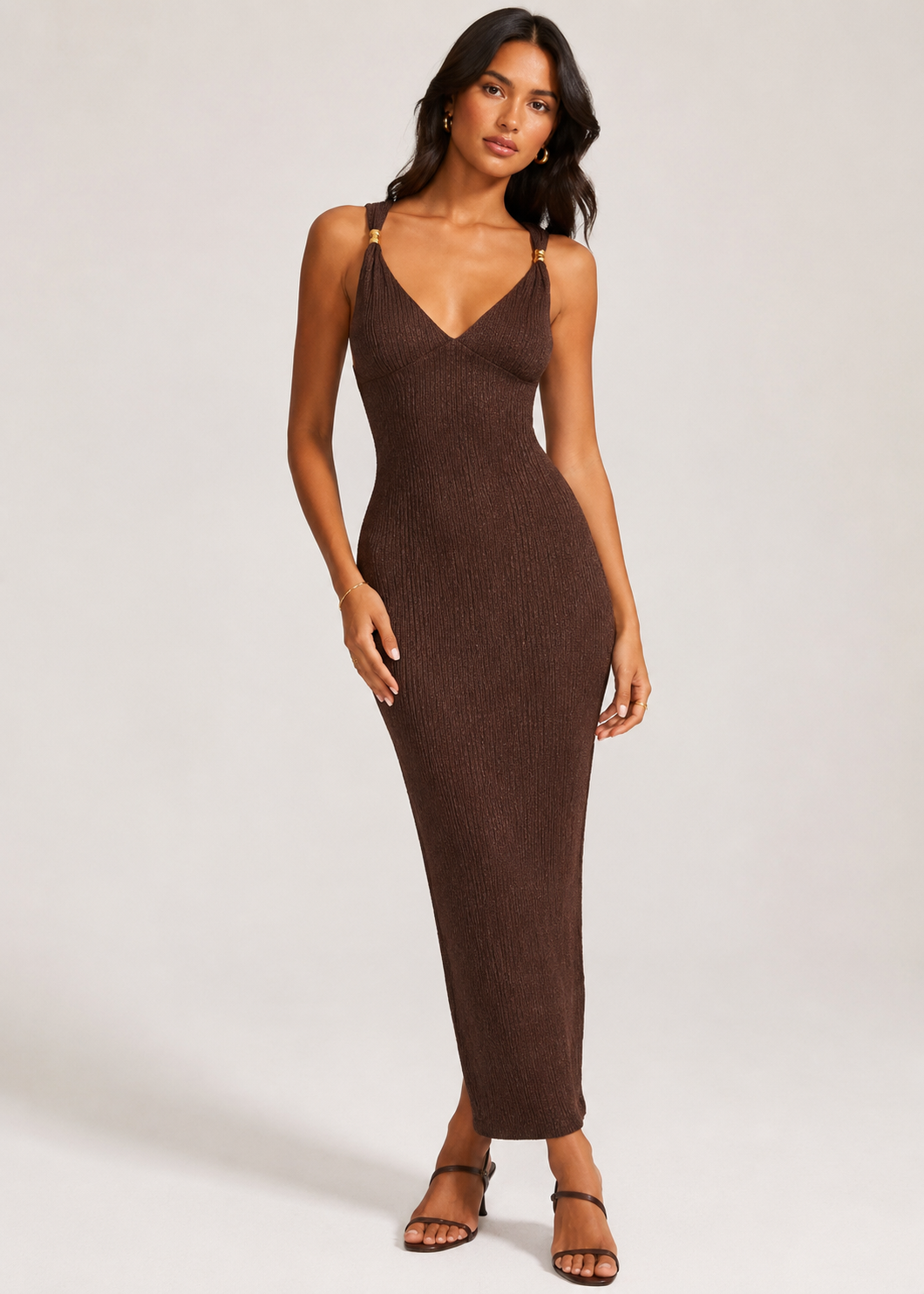 Ribbed Knit Open Cross-Back Maxi Dress
