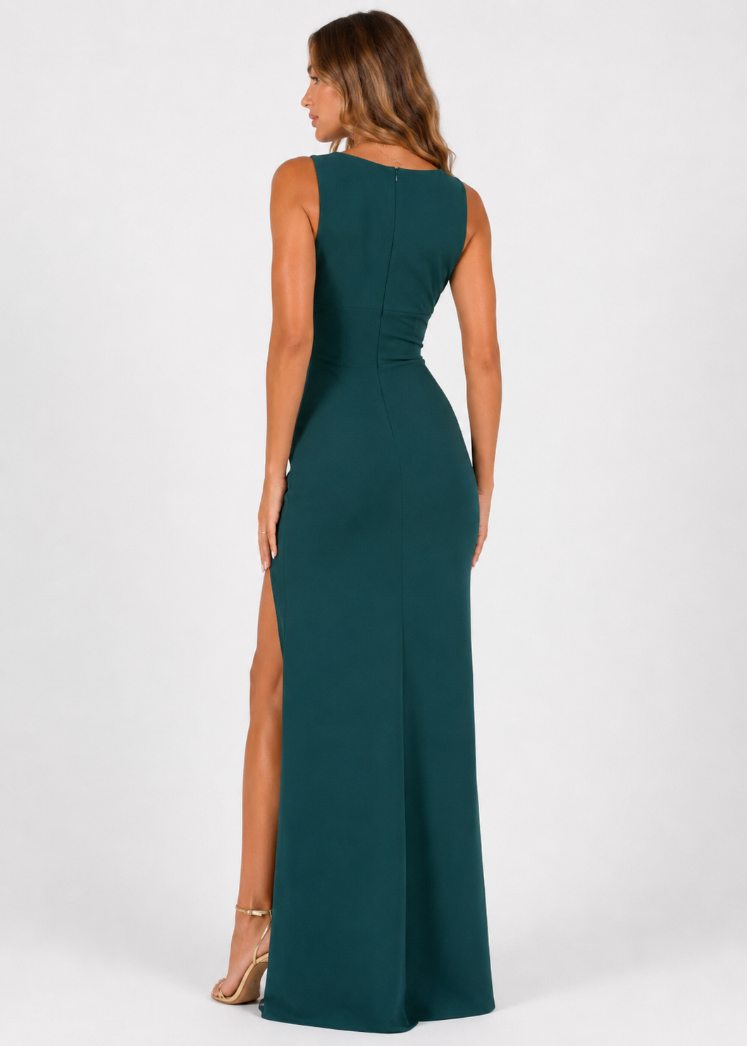 Selene High Slit Maxi Dress in Emerald Green Front Photo