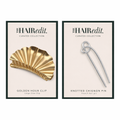 Two hair accessories, a gold clip and a silver pin, on display with 'The HARedit' branding.