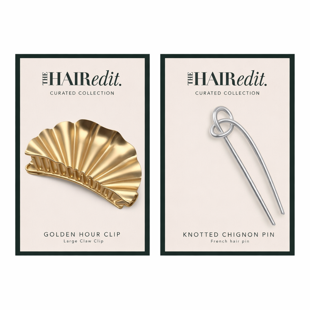 Two hair accessories, a gold clip and a silver pin, on display with 'The HARedit' branding.