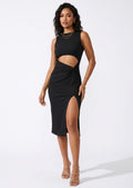 Veda black cutout midi dress with twist detail and thigh slit, front view