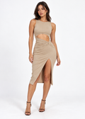 Veda cutout midi dress in beige with twist waist and side slit