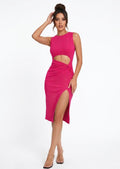 Veda pink sleeveless cutout midi dress with high side slit, front view