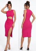 Front and back views of the Veda cutout midi dress in pink