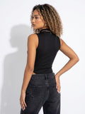 Back view of the black Vianne sleeveless lace drape bodysuit with mock neck