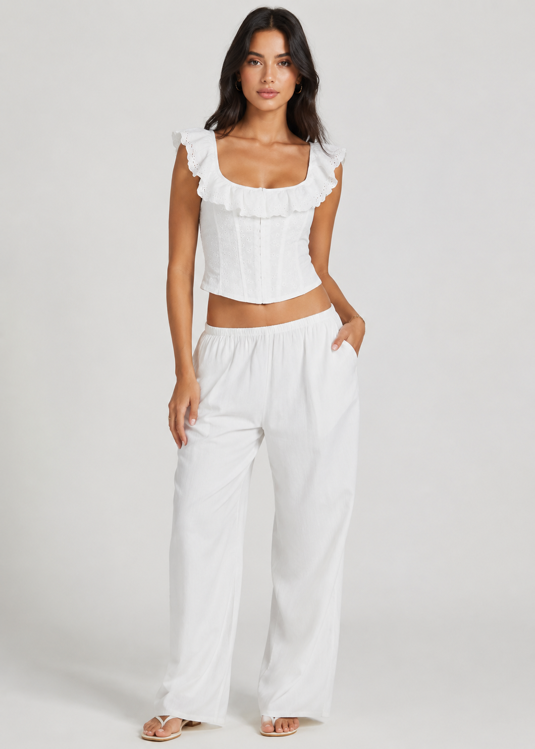White eyelet ruffle corset top full-length front view