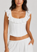 White Eyelet Lace-Up Corset Top with Ruffle Trim - Gloss & Grit