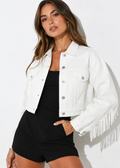 Cropped White Fringe Denim Jacket