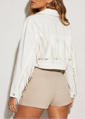 Cropped White Fringe Denim Jacket